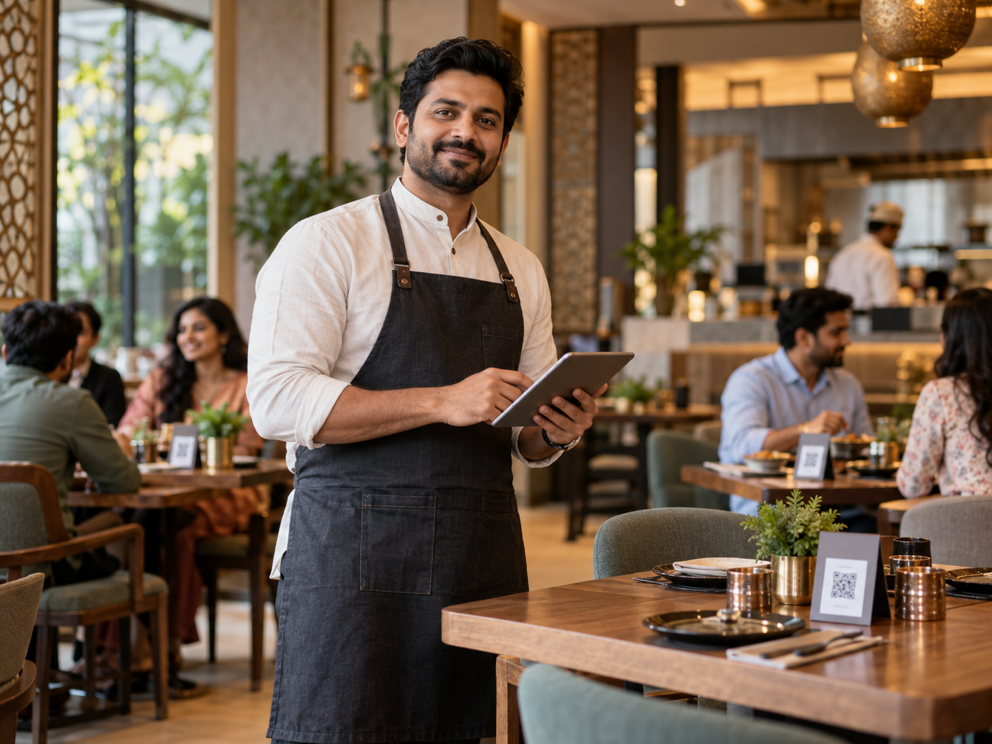 Restaurant owner using a tablet in a modern restaurant with QR table ordering