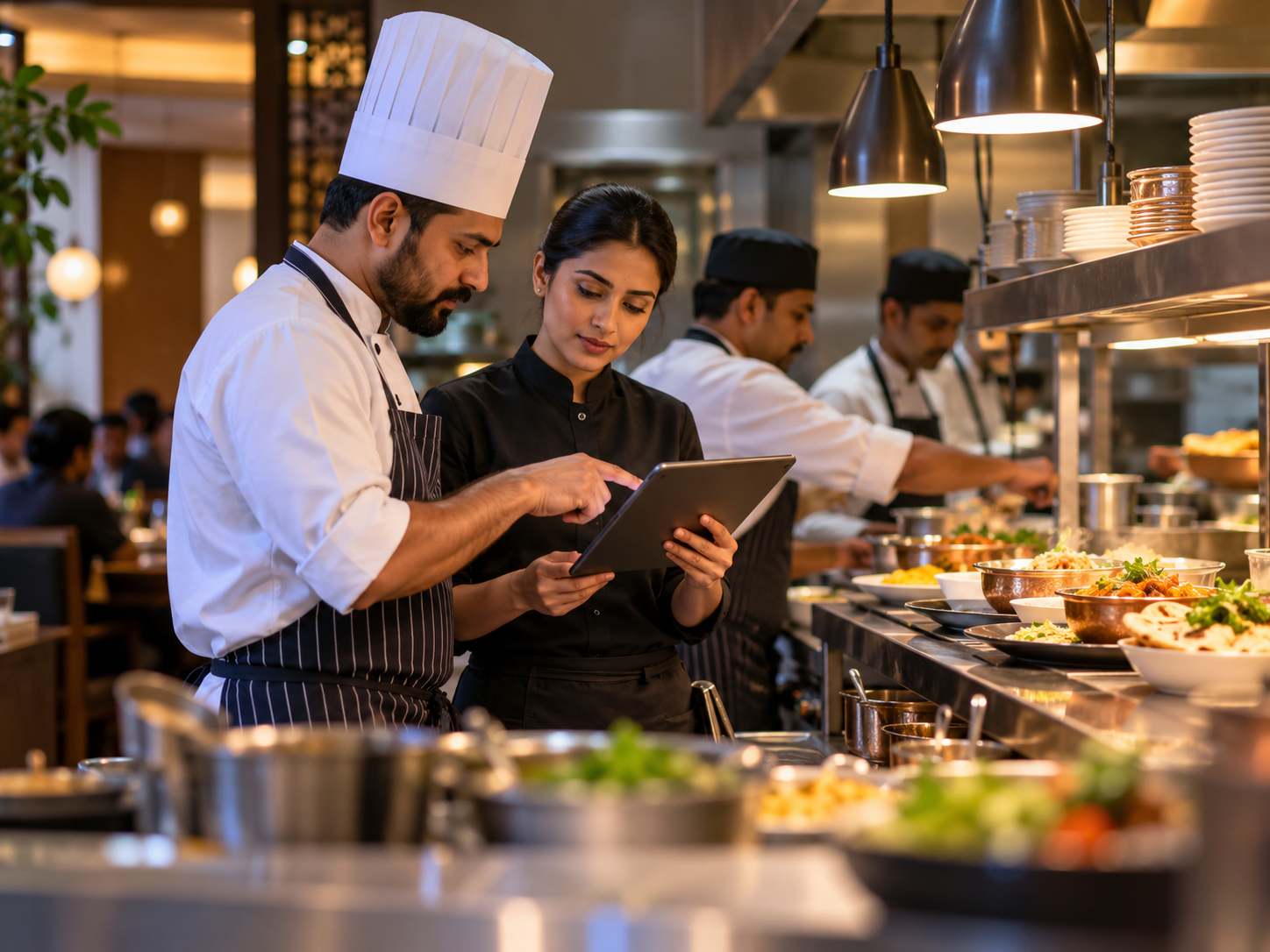Restaurant kitchen team checking incoming orders on a tablet